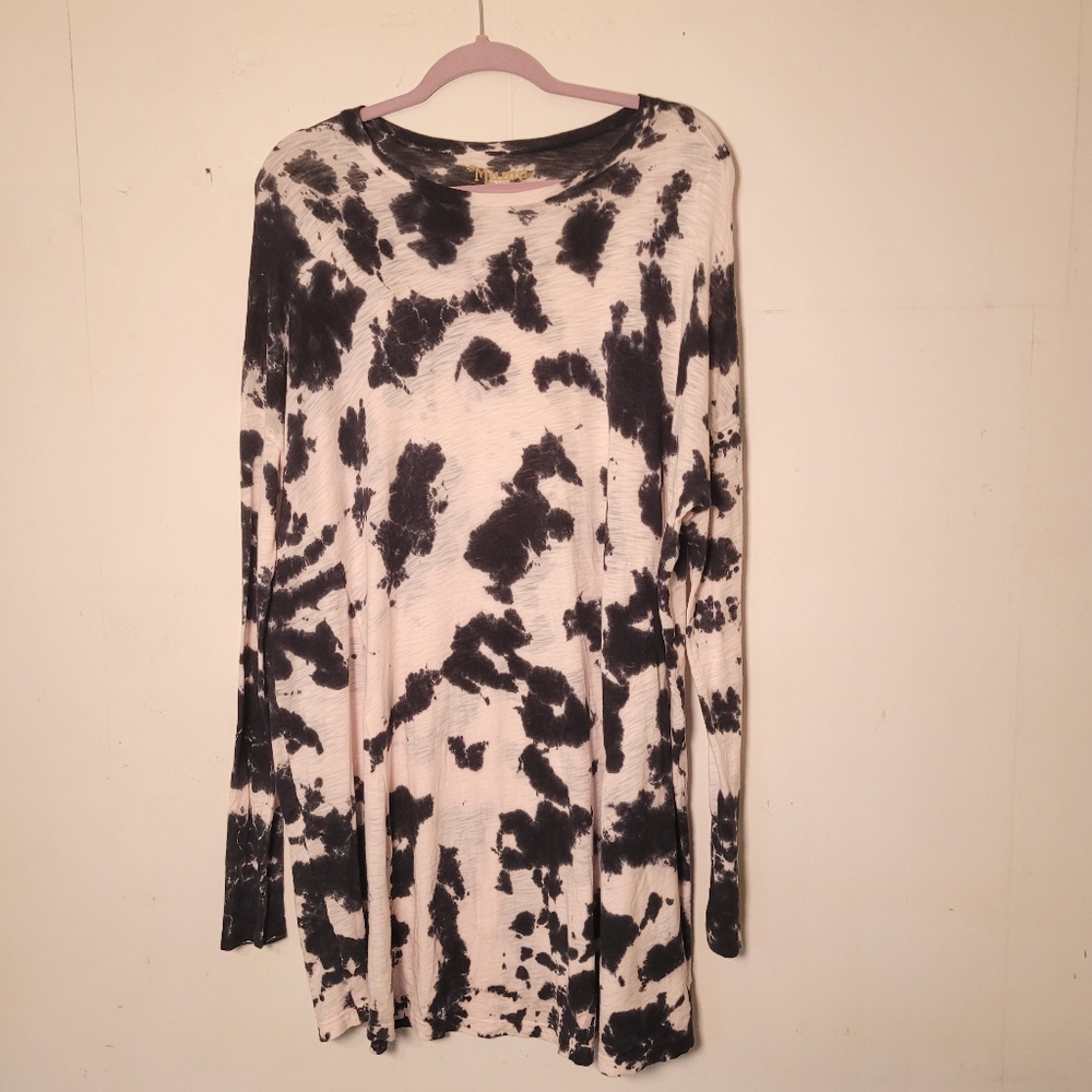 Mumu Mellow Black and Cream Tie-Dye Long Sleeve T-shirt Dress Size Medium